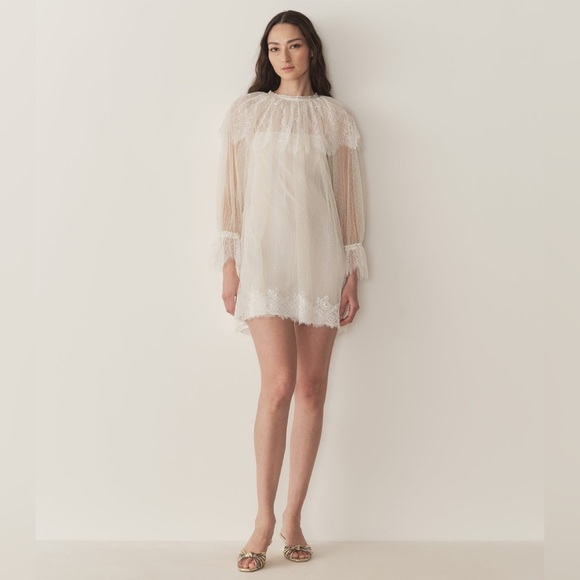 Doen Dresses & Skirts - Doen Women's Lilith Creme de Lune High Neck Mini Dress Sheer Lace Slip Dress S